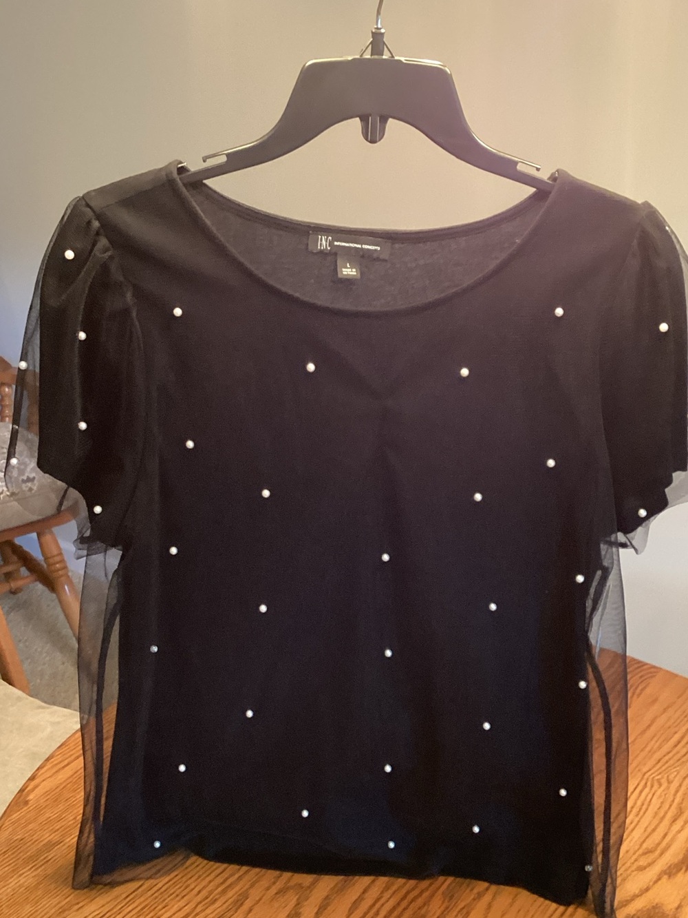 INC International Concepts Black Short-Sleeve Top with Pearl Accents